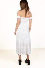 White Over The Shoulder Tiered Maxi Dress