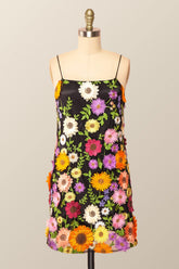 Straps Black Floral A-line Short Dress