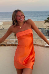 Strapless Orange Cowl Back Short Dress