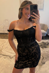 Straps Blue Lace Appliques Short Dress with Belt