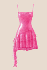 Straps Blue Sequin Ruffle A-line Short Dress