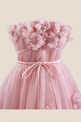 Strapless Pink 3D Flowers Tulle Short Dress
