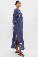 White Dove Embroidery Blue Indigo Organic Folk Maxi Dress