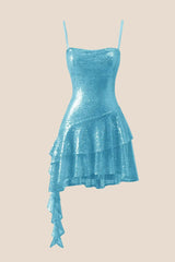 Straps Blue Sequin Ruffle A-line Short Dress