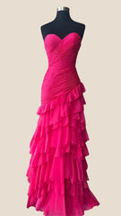 Strapless Yellow Pleated Tiered Long Dress