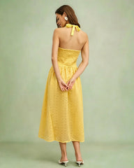 Yellow Halter Cut Out Textured Maxi Dress