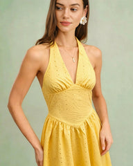 Yellow Halter Cut Out Textured Maxi Dress