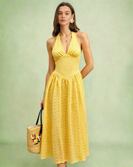 Yellow Halter Cut Out Textured Maxi Dress